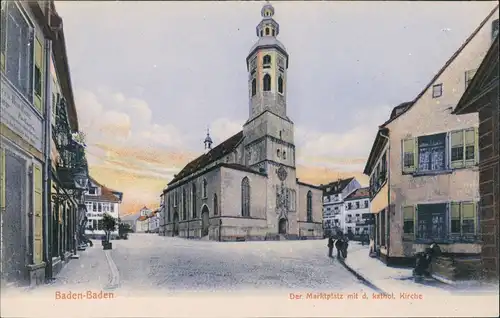 Baden-Baden Marktplatz Straßen Partie mit Katholische Kirche 1900