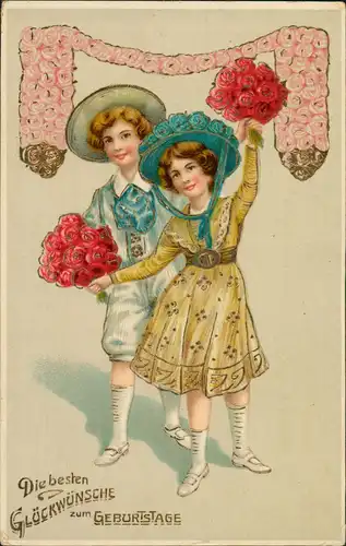 Glückwunsch Geburtstag Junge Mädchen Blumen Goldrandprägekarte 1912