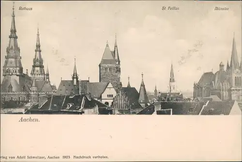 Aachen Panorama-Ansicht mit St. Foillan & Münster Kirche, Rathaus 1905