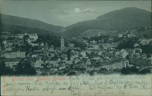 Baden-Baden Panorama-Ansicht Gruss-Aus-Mondschein Litho 1898