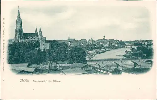 Ulm a. d. Donau Panorama-Ansicht Stadtteilansicht mit Brücke, Münster 1900