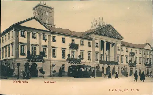 Ansichtskarte Karlsruhe Rathaus Rathausplatz mit Tram-Wagen 1900