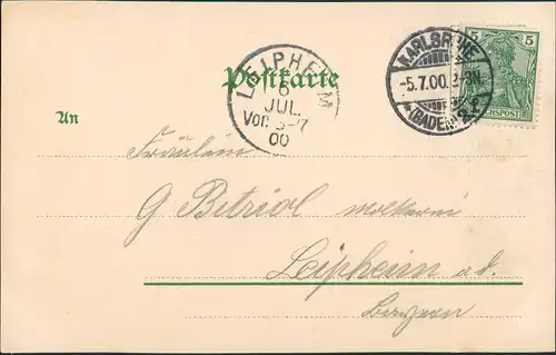 Litho AK Karlsruhe Partie am Kaiser-Denkmal 1900 LEIPHEIM (mit Ankunftsstempel)