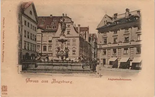 Ansichtskarte Augsburg Strassen Partie mit Denkmal & Augustusbrunnen 1900