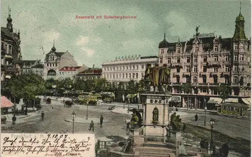 Frankfurt am Main Gutenberg-Denkmal Roßmarkt belebte Straßen Partie 1907