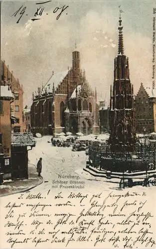 Nürnberg Platz Frauenkirche verschneite Stände 1908  ANSBACH  Ankunftsstempel