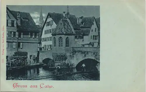 Ansichtskarte Calw Wohnhäuser Fluss Partie Brücke Mondschein-Karte 1900 Luna