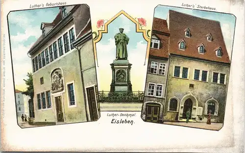 Ansichtskarte Litho AK Eisleben Lutherdenkmal, Geburtshaus, Sterbehaus 1905