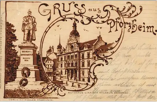 Ansichtskarte Pforzheim Holzbrandimitation - Denkmal 1908