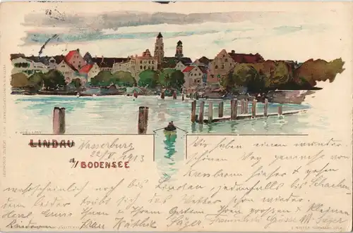 Ansichtskarte Lindau (Bodensee) Totale Bodensee - Künstlerkarte 1913