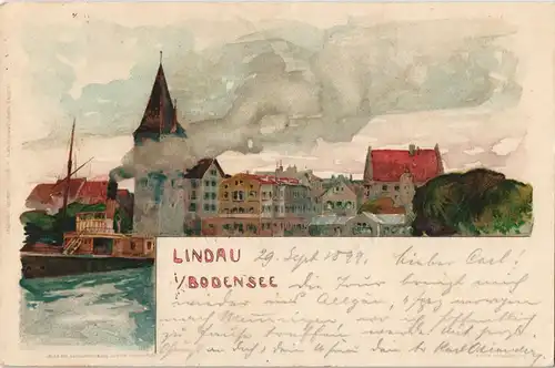 Ansichtskarte Lindau (Bodensee) Hafen - Künstlerkarte 1899