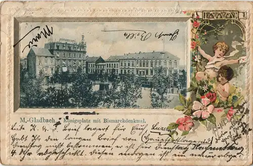 Litho AK Mönchengladbach Königsplatz Kinder Bild Blumenornament 1906