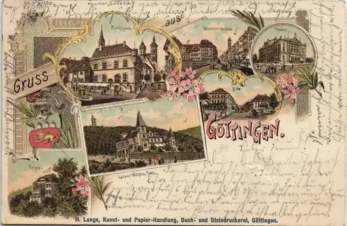 Litho AK Göttingen Gruss-Aus-Litho u.a. mit Theater, Allee, Rathaus, Kaiser-Wilhelm-Park 1899   als Bahnpost gelaufen (Bahnpoststempel nur teilweise leserlich)