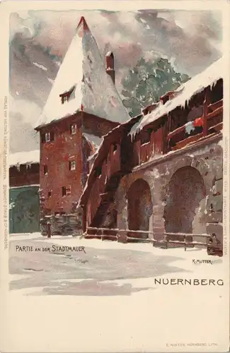 Nürnberg Künstlerkarte Gemälde K. Mutter, Stadtmauer verschneit 1900