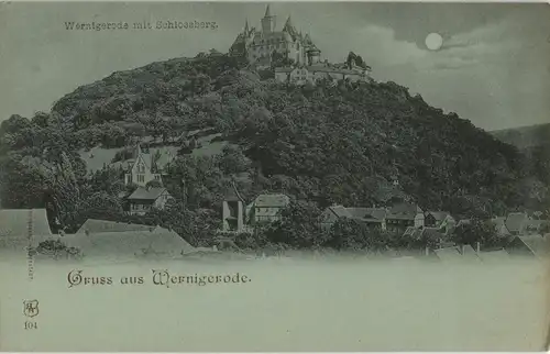 Wernigerode Panorama-Ansicht Mondschein Schloss/Feudalmuseum 1900 Luna