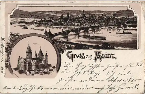 Litho AK Mainz Gruss-Aus-Litho-AK, Dom und Panorama-Ansicht Rhein 1904