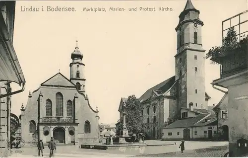 Ansichtskarte Lindau (Bodensee) Marktplatz, Kirche 1913