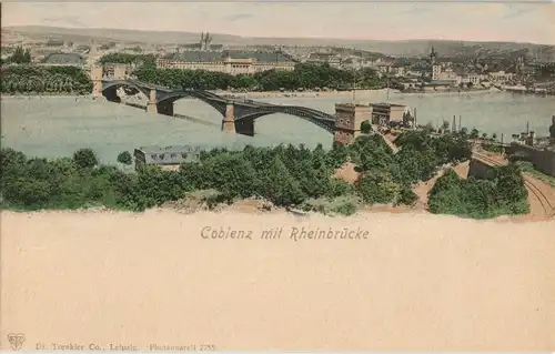 Koblenz Panorama-Ansicht mit großer Rhein Brücke Photoaquarell 1900