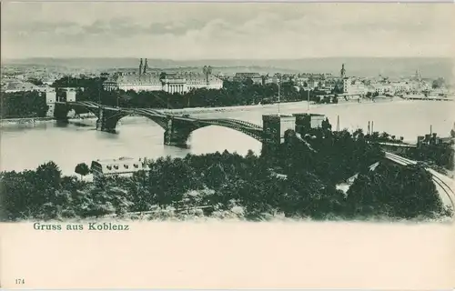 Koblenz Panorama-Ansicht Rhein Partie mit Brücke Blick zum Schloss 1900