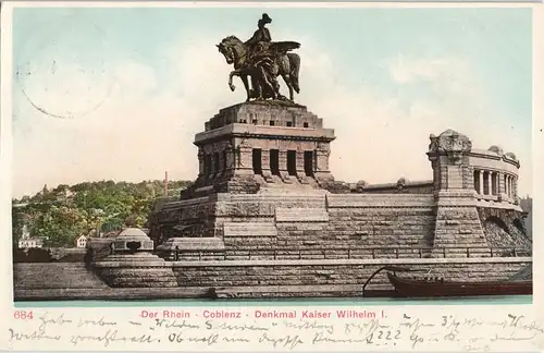 Koblenz Denkmal Kaiser Wilhelm I. am Rhein 1902   gelaufen mit Stempel COBLENZ