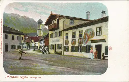 Oberammergau Künstlerkarte Dorf-Partie, Strassen Partie, color Ansicht 1900