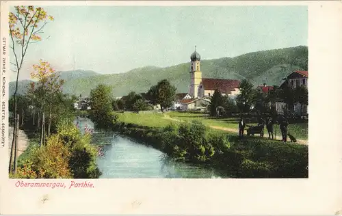 Oberammergau Panorama-Ansicht Fluss Partie Blick zur Kirche 1900