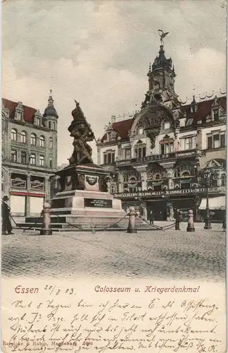 Essen (Ruhr) Straßen-Ansicht am Colosseum und Kriegerdenkmal 1903