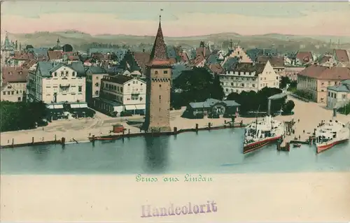 Ansichtskarte Lindau (Bodensee) Hafen - Handcoloriert Dampfer 1904