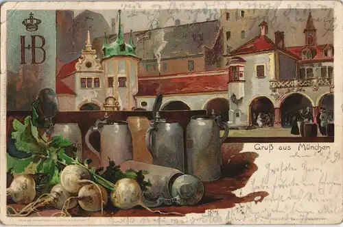München Hofbräuhaus HB-Bier Lokal Maaß-Krüge Außenansicht Künstlerkarte 1899