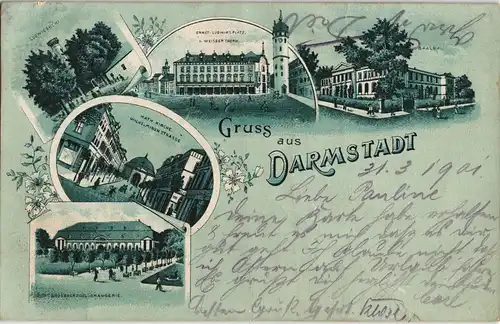 Litho AK Darmstadt Mehrbild- Saalbau, Ernst-Ludwigsplatz, Wilhelminen-Str. 1901