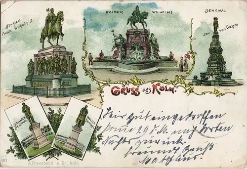 Litho AK Köln Mehrbild-Litho-AK Denkmäler, ua. Bismarck-Denkmal uvm. 1899