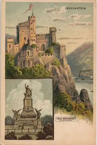 Bingen am Rhein Burg Schloss Rheinstein (Eindruck Reklame Thee-Messmer) 1900