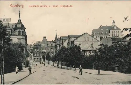 Ansichtskarte Radeberg Dresdnerstraße, Hotel und Realschule 1913