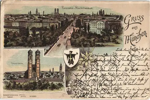 Ansichtskarte Litho AK München 2 Bild Totale, Frauenkirche 1899