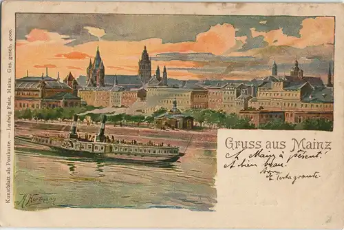 Ansichtskarte Mainz Totale, Dampfer - Künstlerkarte 1904