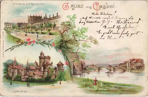 Litho AK Bad Wilhelmshöhe-Kassel Cassel Löwenburg, Fuldbrücke, Marmorbrücke 1898