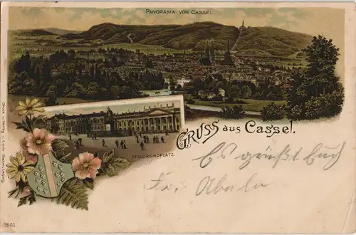 Litho AK Kassel Cassel Friedrichsplatz, Totale Heraldik Gruss aus 1899