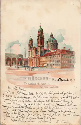 Ansichtskarte München Feldherrnhalle Theatinerkirche - Künstlerkarte 1902