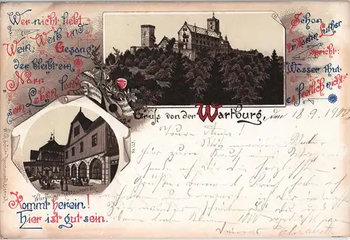 Litho AK Eisenach Gruss von der Wartburg, Panorama & Restauration, Litho-AK 1900