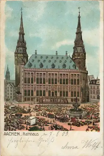 Litho AK Aachen Strassen Partie Rathaus, Markttreiben, Stände 1903