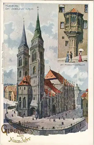 Litho AK Nürnberg Kirche, Pfarrhof Chörlein, Brautthüre Neujahr Litho-AK 1900