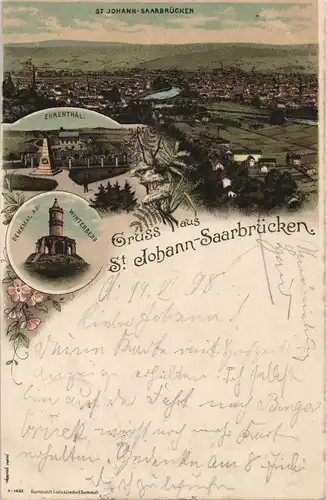 Litho AK Sankt Johann-Saarbrücken 3 Bild Stadt, Ehrental, Denkmal 1898