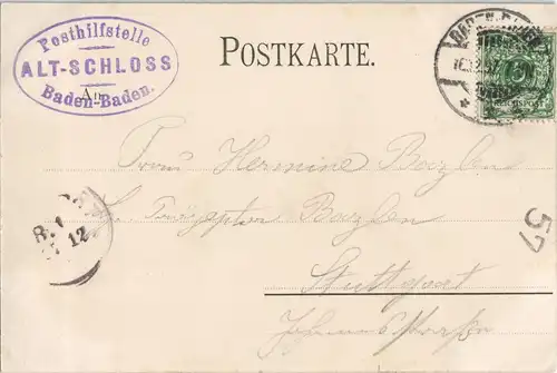 Baden-Baden Schloss Hohenbaden  1897 Stempel Posthilfstelle Alt-Schloss