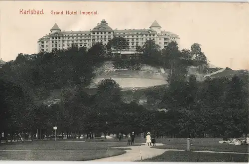 Postcard Karlsbad Karlovy Vary Anlagen und Hotel Imperial 1912