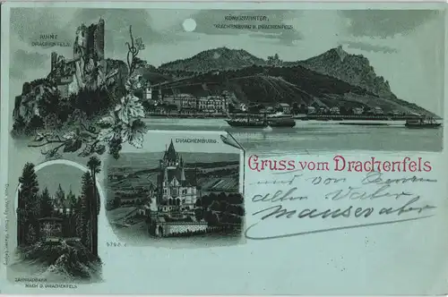Königswinter Mondschein Litho-AK Drachenburg, Drachenfels Rhein Panorama 1898