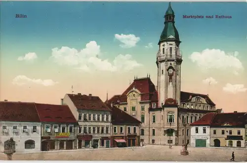 Postcard Bilin Bílina Marktplatz Rathaus Geschäfte 1912