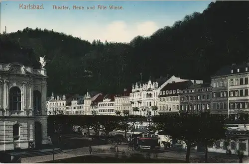 Postcard Karlsbad Karlovy Vary Alte Wiese Pferdebahn - color 1912