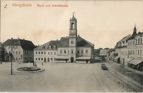 Ansichtskarte Königsbrück Kinspork Marktplatz, Geschäfte, Auto 1912