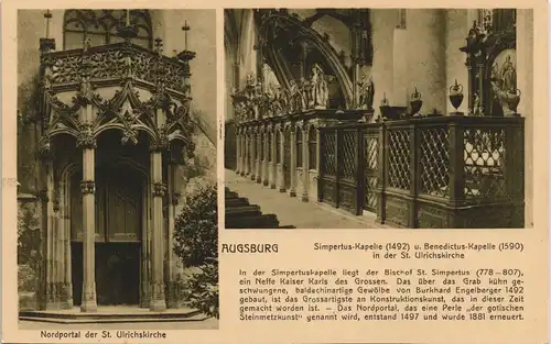 Ansichtskarte Augsburg Nordportal & Simpertus Kapelle St. Ulrichskirche 1911