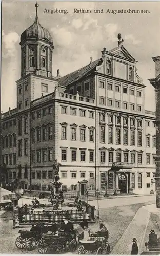 Augsburg Augustus-Brunnen Rathaus Platz mit Pferde Kutschen 1910